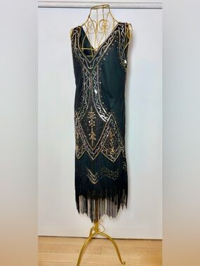 Vintage Cloth+hir Black & Gold Sequin Beaded Fringe V-Neck Flapper Dress Size XL